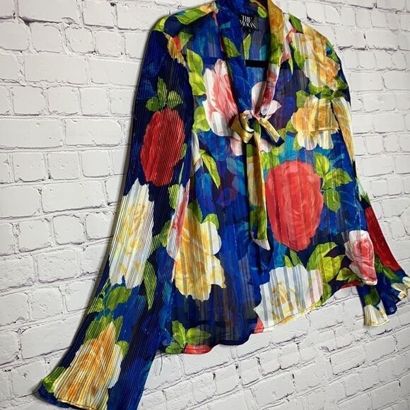 The Moon Floral Bell Sleeve Tie Neck Colorful Semi -Sheer Blouse S Blue Multi - Picture 2 of 9
